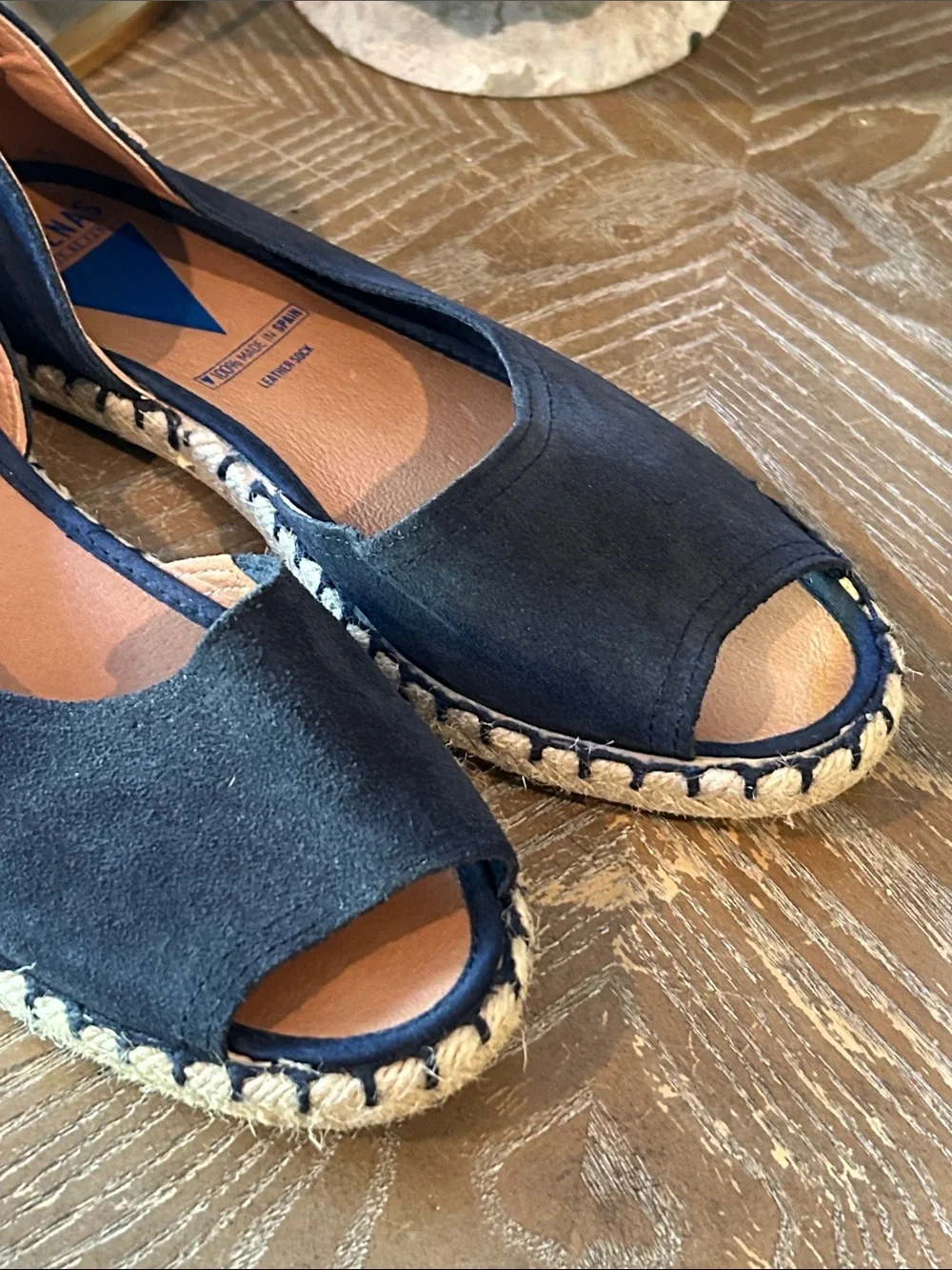 Verbenas Navy Blue Suede Espadrille Peep-Toe Flats Made In Spain size 39 Women